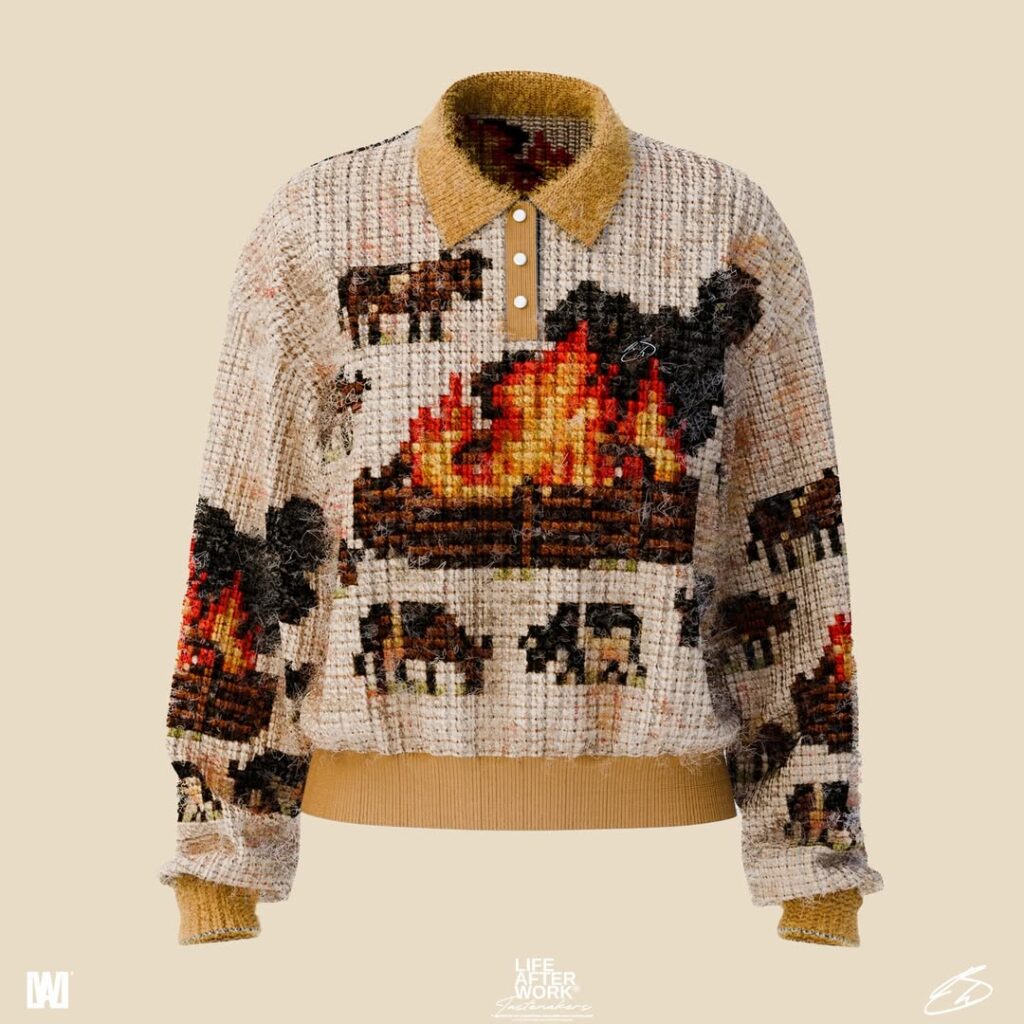 a woven canvas of memory and myth.this textured knit polo captures the haunting imagery of a bur