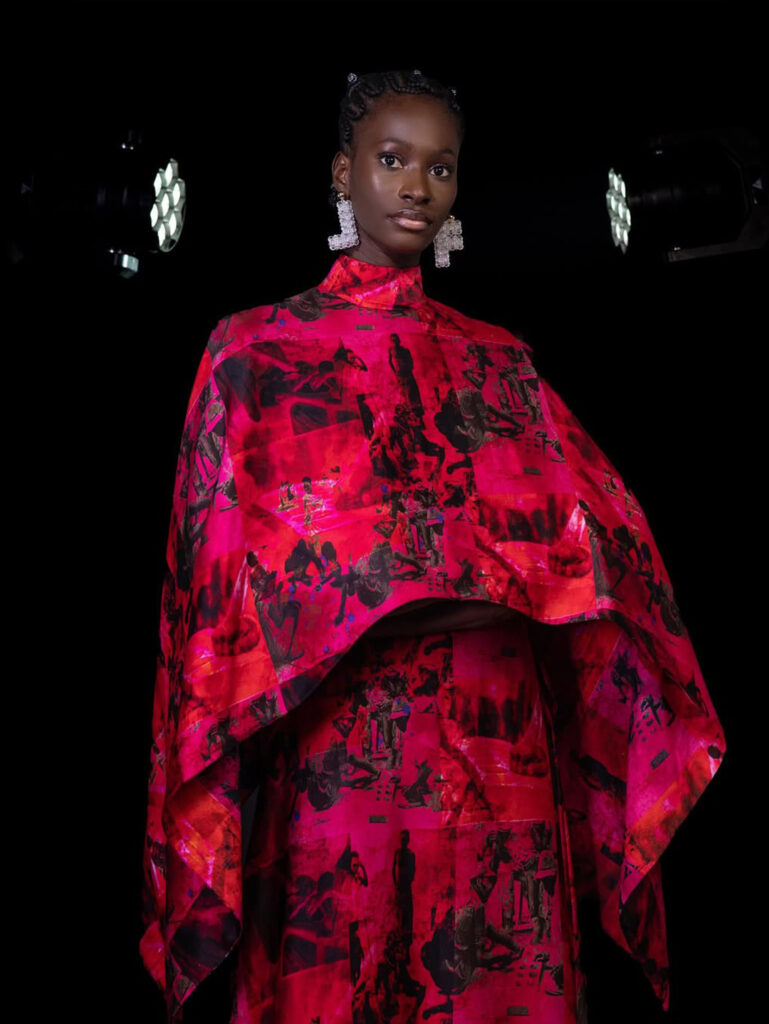 look 28. cape dress with racerback detail